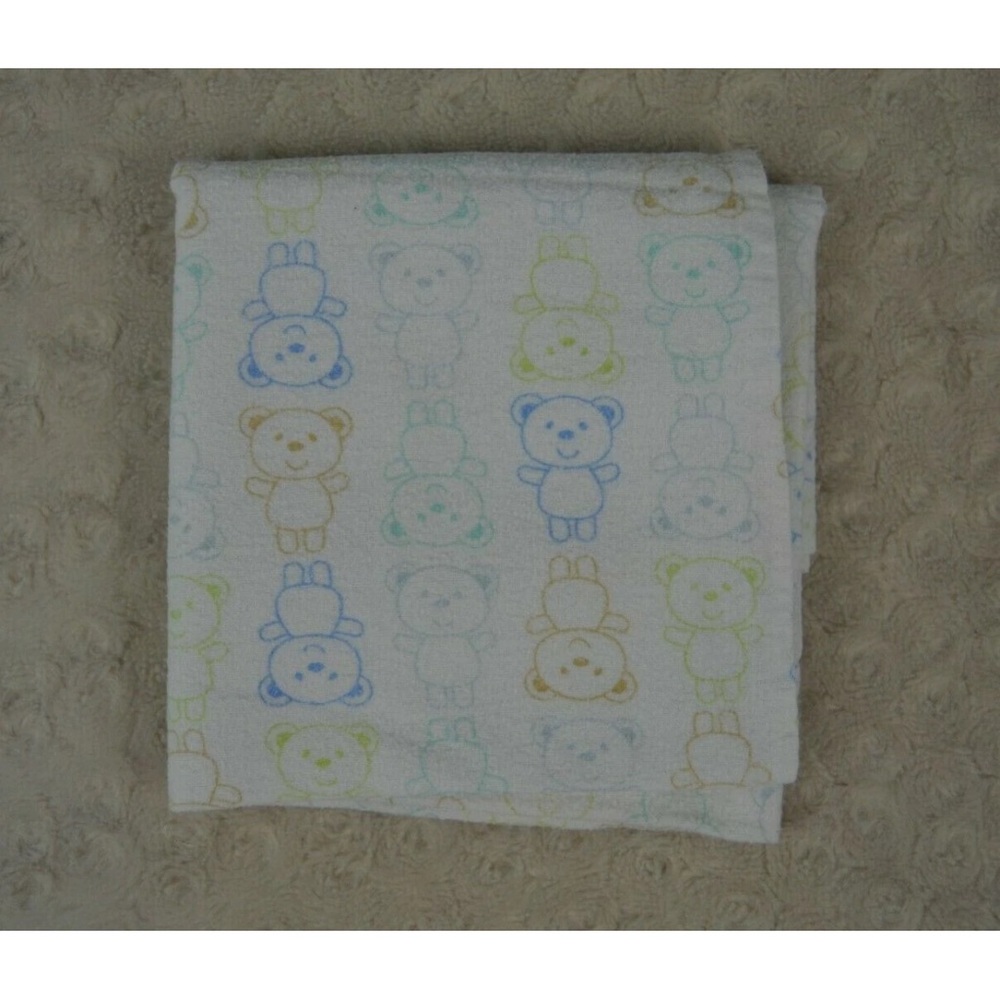 Luvable Friends Teddy Bear Outline Baby Blanket Receiving Flannel White Blue